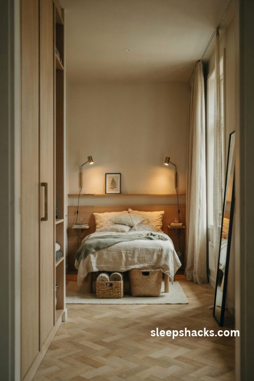Extremely small bedroom with wall mounted bedside sconces warm lighting and space saving decor