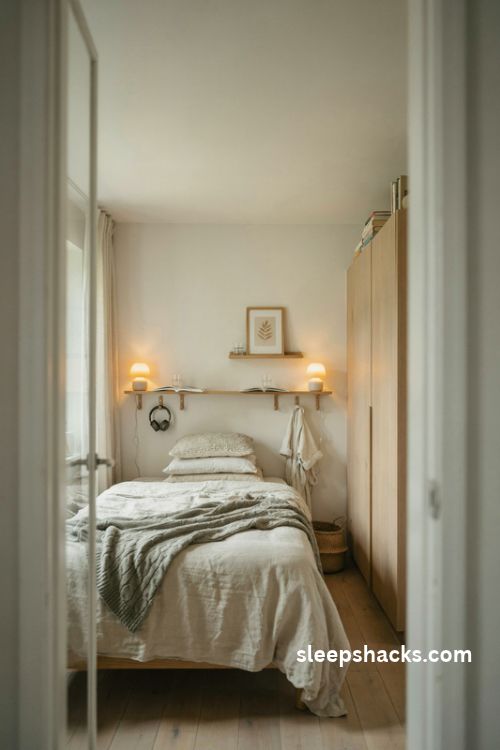 Extremely small bedroom with wall mounted bedside shelves and space saving decor