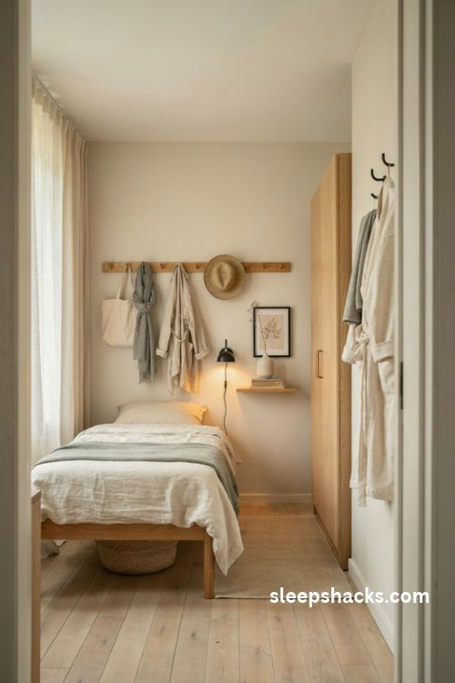 Extremely small bedroom with wall mounted hooks peg rail and space saving storage