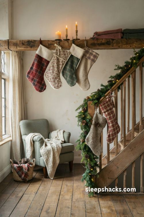 Fabric scrap christmas stockings with vintage flannel and wool textures