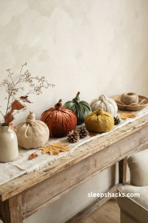 Fabric wrapped pumpkins in rust velvet forest green and mustard for cozy Thanksgiving decor