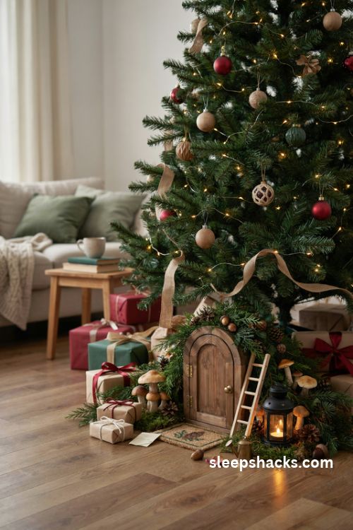 Fairy door under the Christmas tree with a tiny welcome mat miniature lantern woodland mushrooms and magical holiday decor