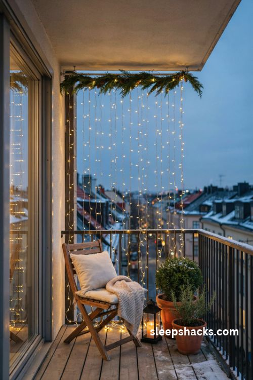 Fairy light curtain on a small balcony with warm white hanging lights cedar garland a cozy chair and soft Christmas greenery