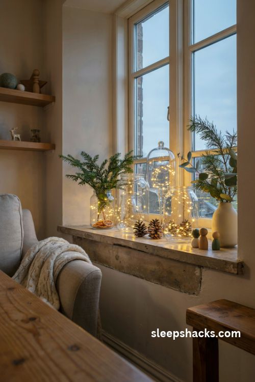 Fairy light glass jar christmas decor with pinecones and warm glowing lights