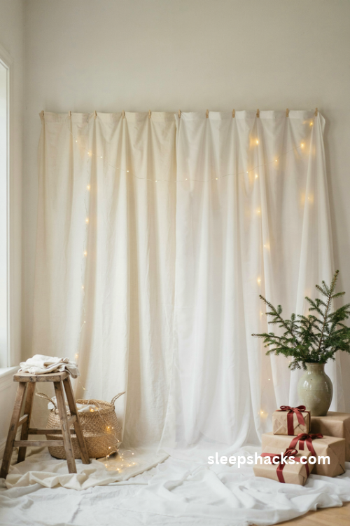 Fairy light sheet backdrop for an easy cozy christmas photo setup