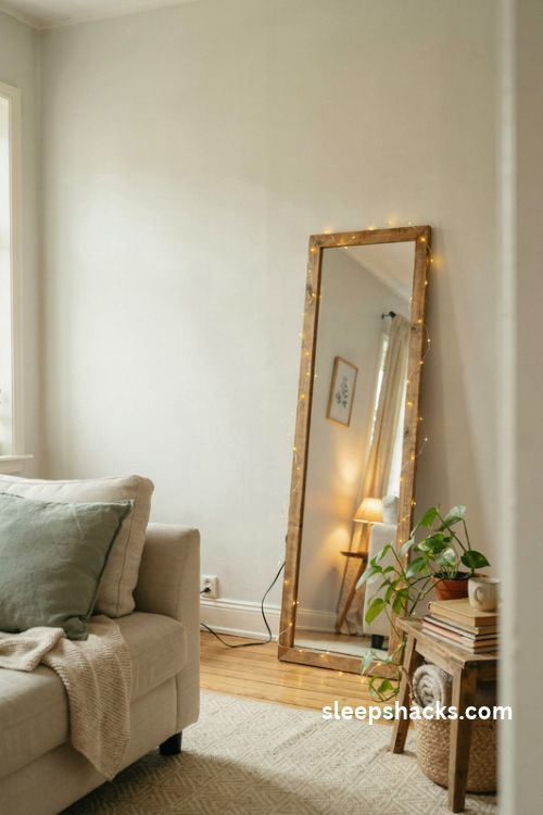 Fairy lights around a leaning floor mirror in a cozy small apartment living room with a green plant