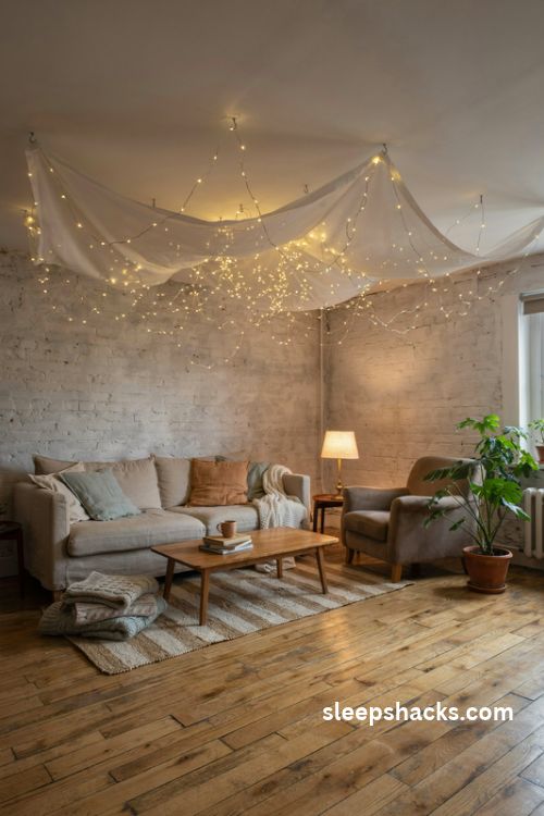 Fairy lights ceiling canopy over a cozy sofa and reading chair in a small apartment living room