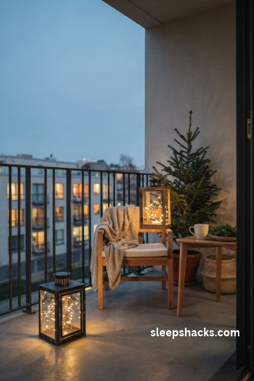 Fairy lights inside decorative lanterns on a cozy Christmas balcony