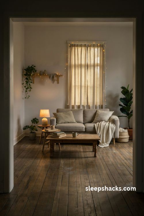 Fairy lights living room ideas for small apartments with a warm golden glow and cozy renter friendly decor