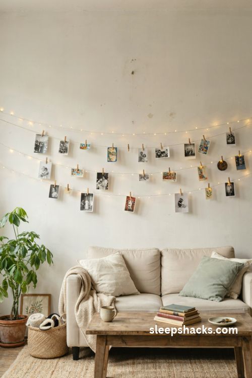 Fairy lights photo display wall with mini wooden clips and colorful postcards in a cozy small apartment