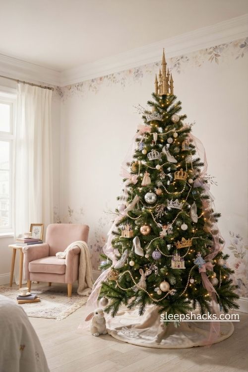Fairytale princess christmas tree with pastel pink ribbons gold crowns and pearl ornaments