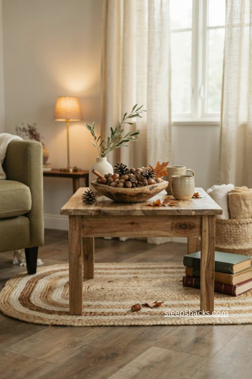 Fall coffee table decor with wooden bowl acorns pinecones and dried leaves 