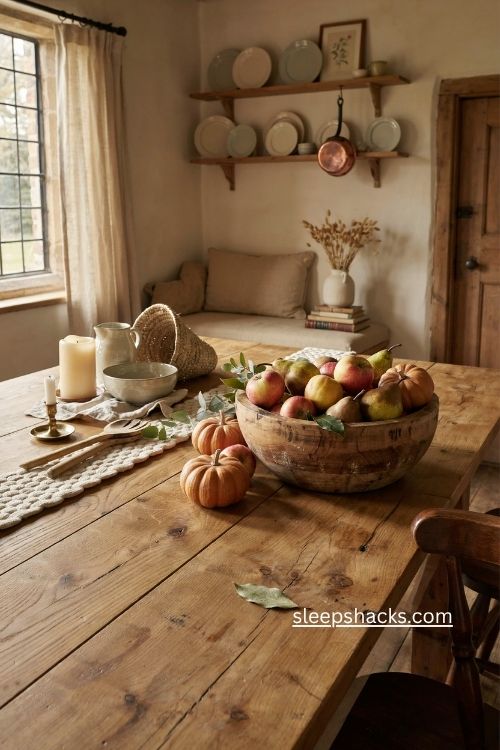 Fall cottage dough bowl filled with apples pears pumpkins and greenery