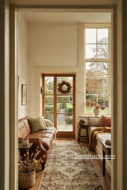 Fall cottage living room entry with leather sofa window seat and autumn wreath