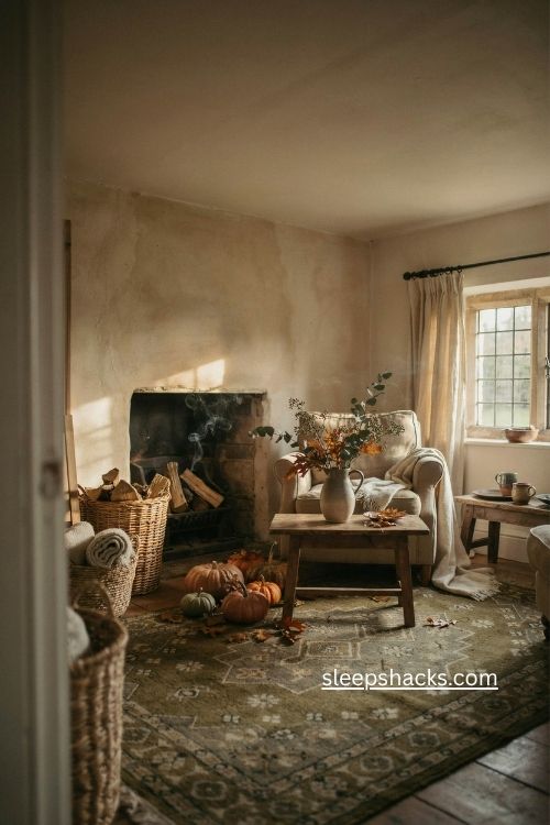 Fall cottage living room with warm layers rustic textures and autumn garden decor