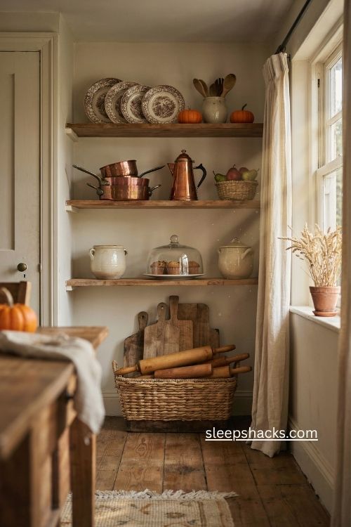 Fall cottage open shelf decor with copper stoneware pumpkins and vintage dishes
