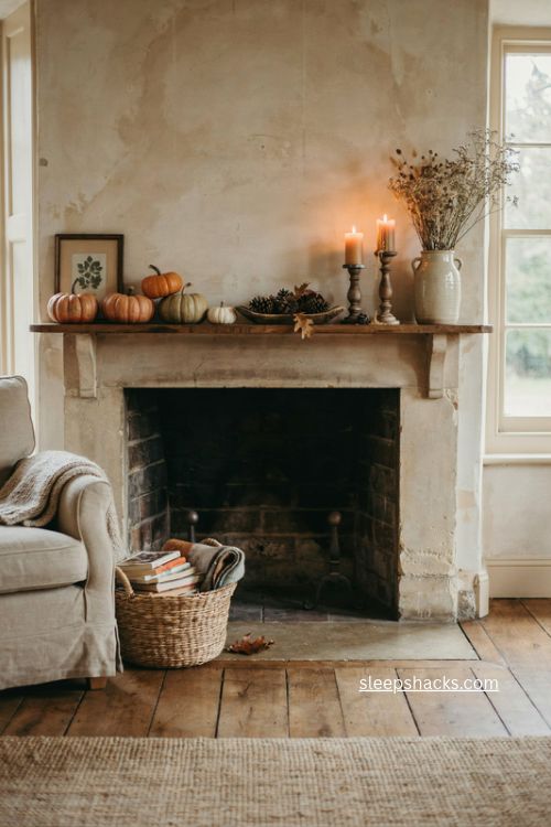 Fall fireplace decor with pumpkins pinecones and cozy candles 