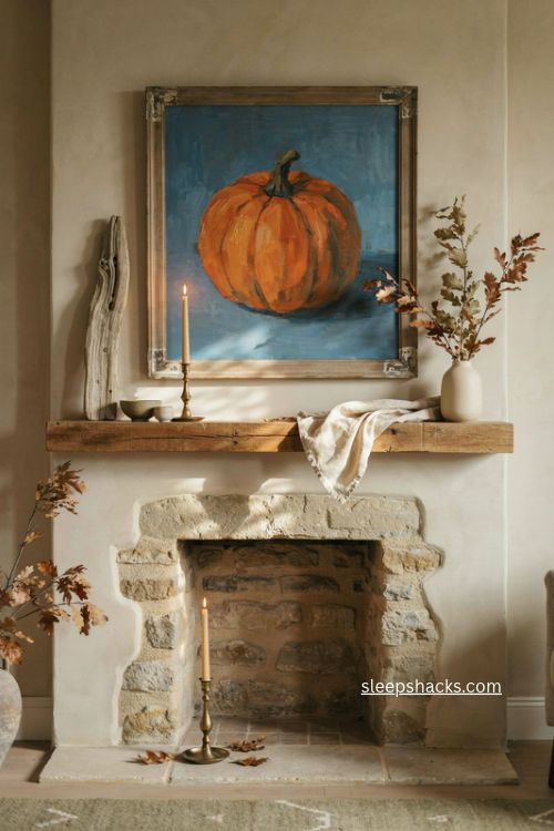 Fall fireplace mantel decor with blue artwork orange pumpkin and dried leaves 