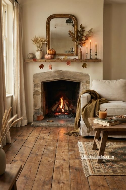 Fall fireplace mantel decorating ideas with dried wheat greenery and cozy autumn accents