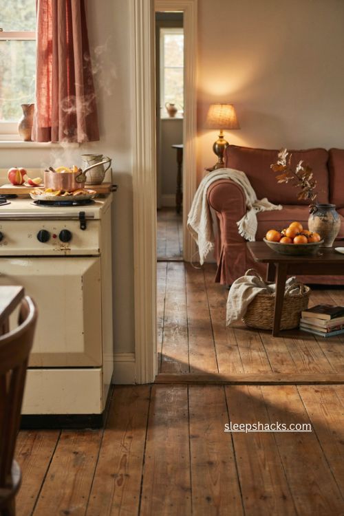 Fall living room cozy simmer pot with oranges cinnamon cloves and apple peels 