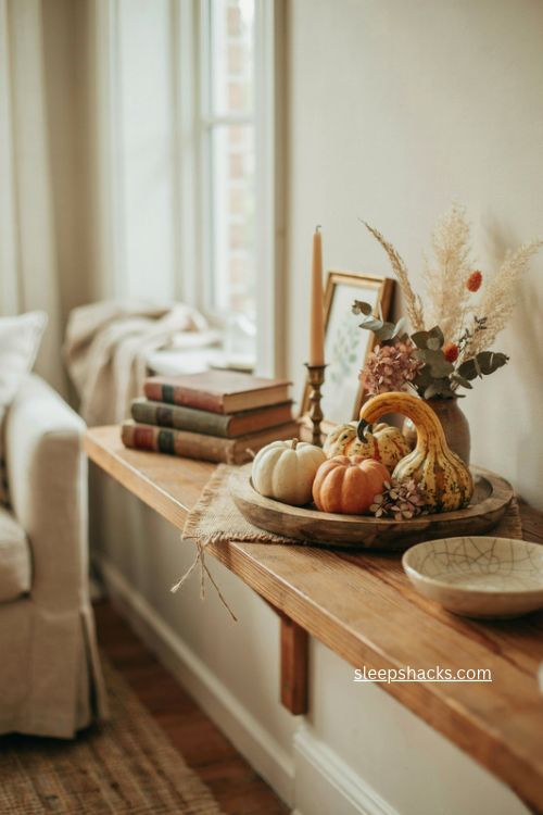 Fall living room decor with dried gourds wooden tray and autumn florals 