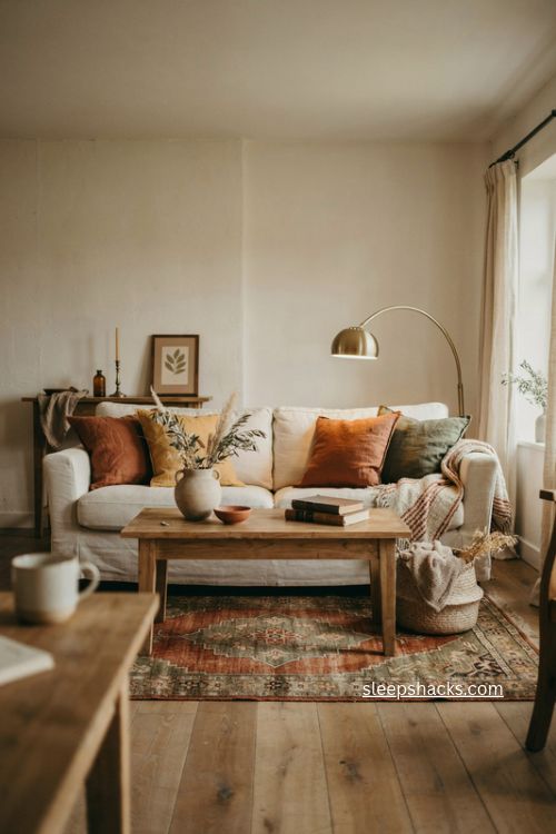 Fall living room decor with earth tone pillows rust mustard clay and warm brown accents 