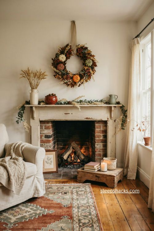 Fall living room decor with indoor wreath dried leaves pumpkins berries and pinecones 
