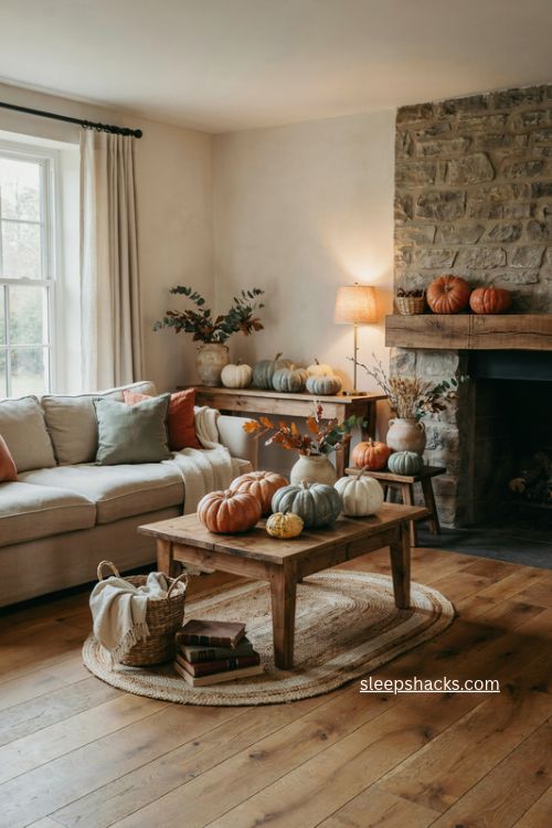 Fall living room decor with real and faux pumpkins in cream sage and soft orange 
