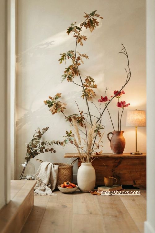 Fall living room decor with tall branches dried grasses and rustic floor vases 