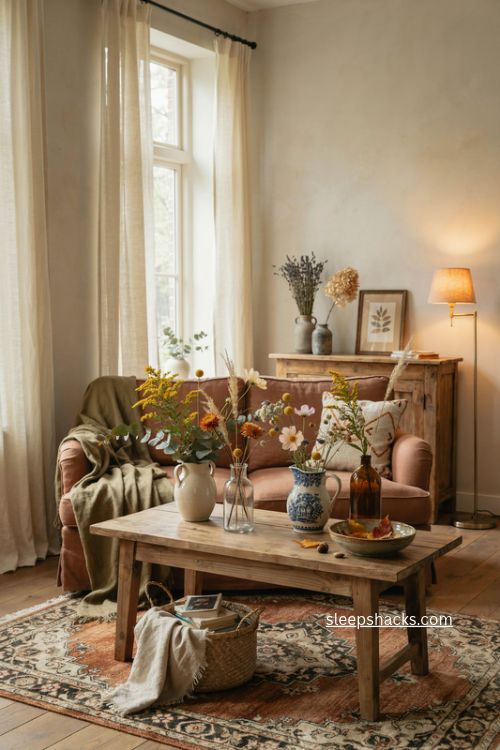 Fall living room decor with wildflowers dried stems and small rustic vases 