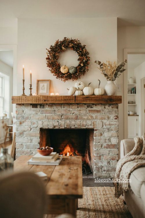 Fall living room mantel decor with dried leaf wreath white pumpkins and cozy autumn accents 