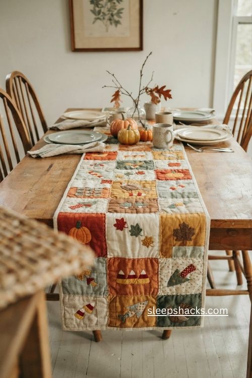 Fall table runners patterns free with handmade pumpkin leaf patchwork and cozy farmhouse dining decor 