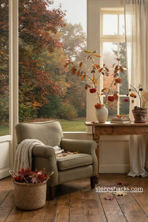 Fall tree decorations with rustic branches acorns and warm autumn lights