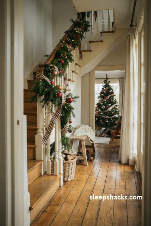 Farmhouse Christmas staircase with red gingham plaid ribbon and lush evergreen banister garland
