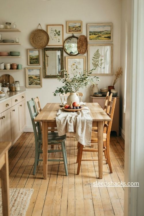 Farmhouse kitchen table with a cozy gallery wall of vintage frames and woven baskets