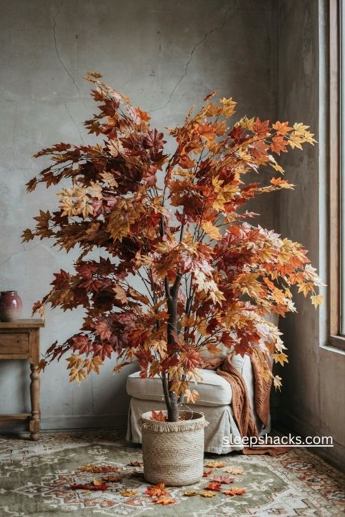 Faux fall leaf tree in a woven basket with warm autumn colors