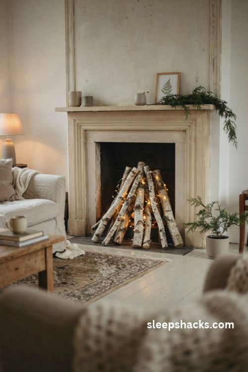 Faux fireplace filled with birch logs and warm fairy lights creating a cozy glowing ember effect in a vintage cottage living room