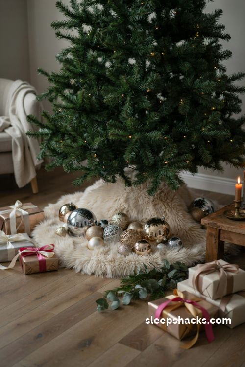 Faux fur christmas tree collar with sparkling silver ornaments and champagne gift boxes
