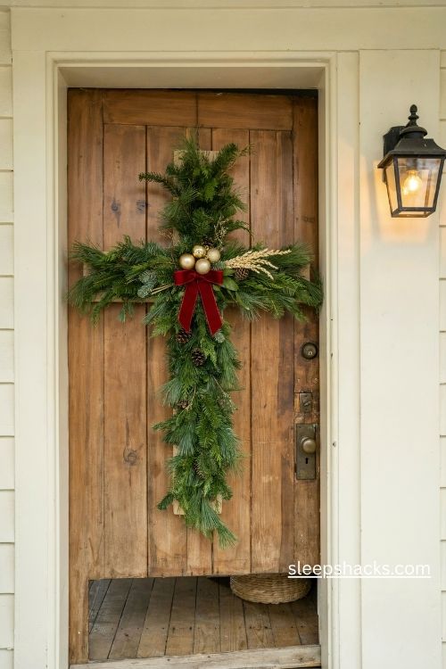 Faux garland cross christmas tree with red velvet ribbon and gold ornaments on a farmhouse front door