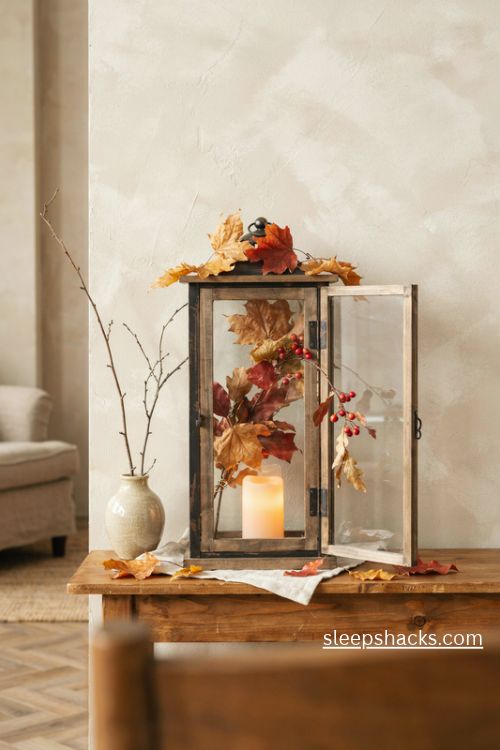 Faux leaf and berry lantern decor with colorful autumn foliage and warm candlelight 