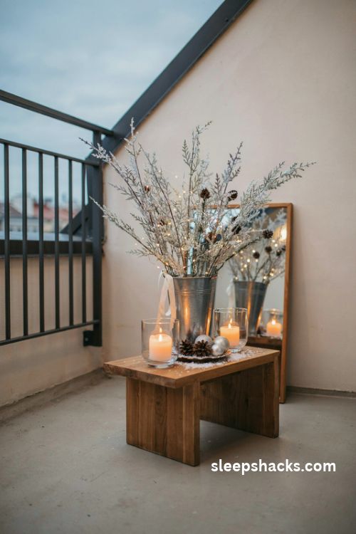 Faux snow Christmas balcony decor with frosted branches in a galvanized bucket warm fairy lights glass candle lanterns and silver accents