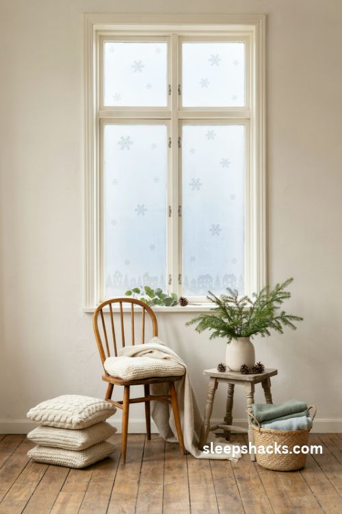 Faux snow christmas window backdrop with frosted snowflakes and cozy winter seating