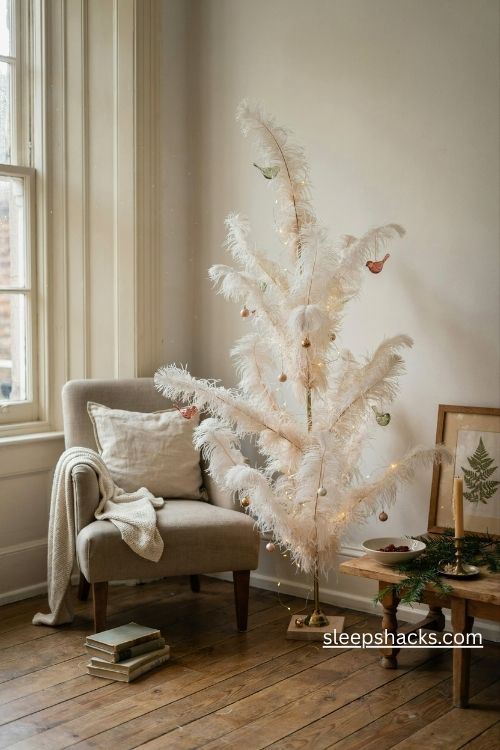Feather christmas tree with delicate glass bird ornaments tiny bells and vintage storybook charm