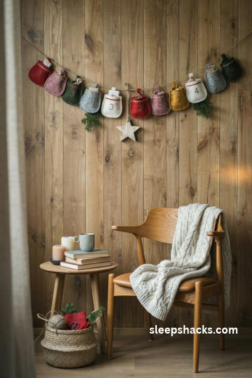 Felt Christmas advent garland with twenty four colorful handmade pockets hanging in a cozy reading nook