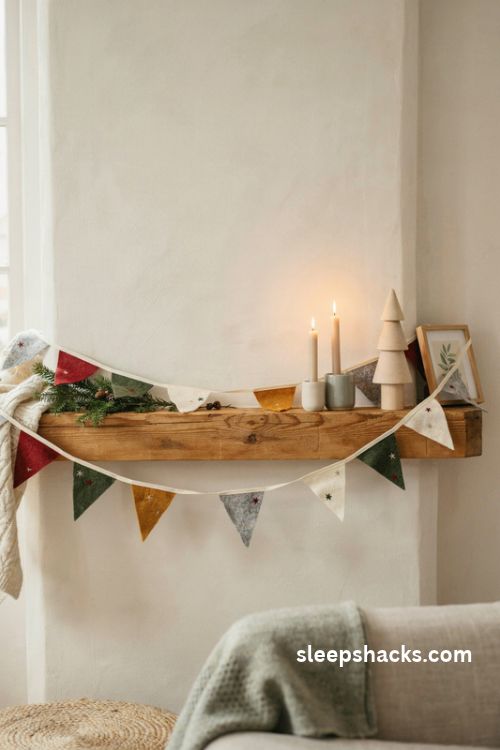 Felt Christmas bunting garland with colorful red green cream and mustard triangle pennants across a cozy mantel
