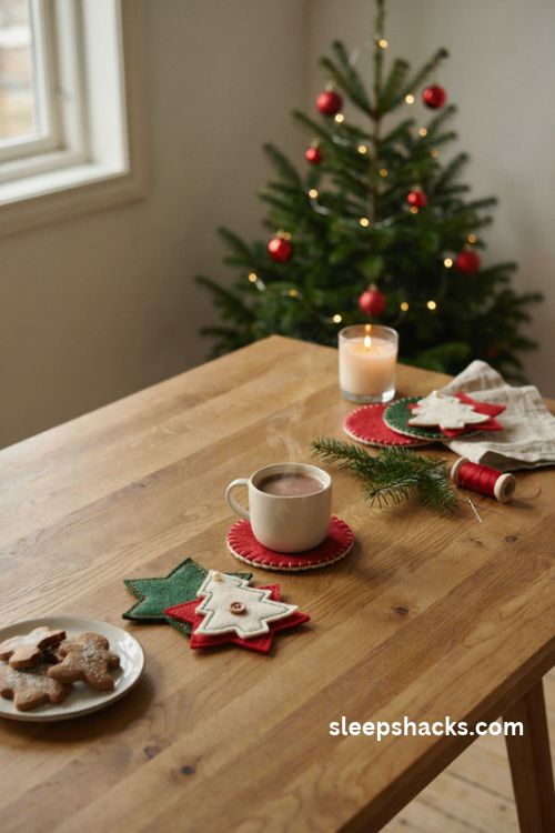 Felt Christmas coasters in red green and cream handmade holiday shapes