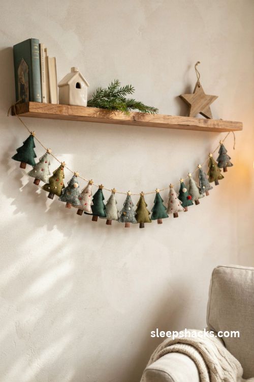 Felt Christmas tree garland with tiny green trees and gold stars hanging beneath a rustic wooden shelf