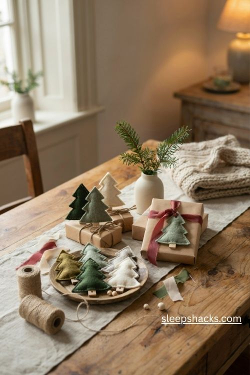 Felt Christmas tree gift toppers and handmade keepsake tags on kraft paper presents