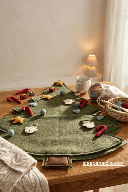 Felt Christmas tree playmat with removable ornaments and a travel storage pouch for kids