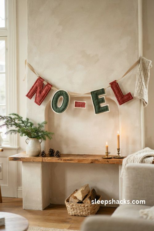 Felt NOEL Christmas letter garland in red green and cream hanging across a cozy rustic fireplace mantel